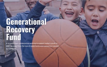Picture of happy young children playing with a basketball with the words "Generational Recovery Fund" in the foreground.